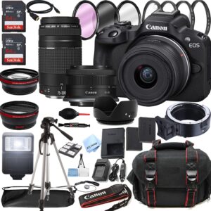 canon eos r50 mirrorless digital camera with rf-s 18-45mm f/4.5-6.3 is stm lens + 75-300mm f/4-5.6 iii lens + 128gb memory + case + tripod + filters (40pc bundle)
