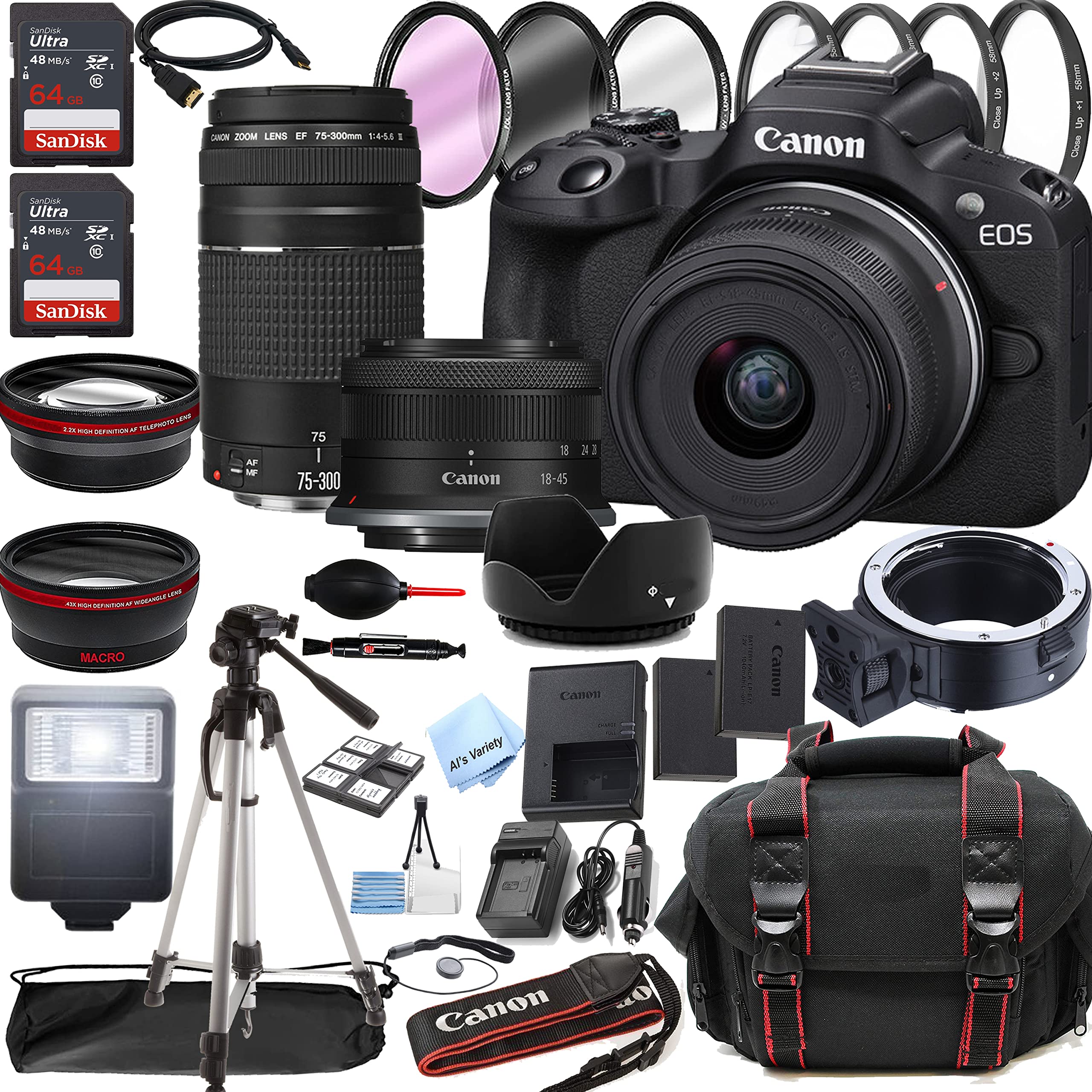 Canon EOS R50 Mirrorless Digital Camera with RF-S 18-45mm f/4.5-6.3 is STM Lens + 75-300mm F/4-5.6 III Lens + 128GB Memory + Case + Tripod + Filters (40pc Bundle)