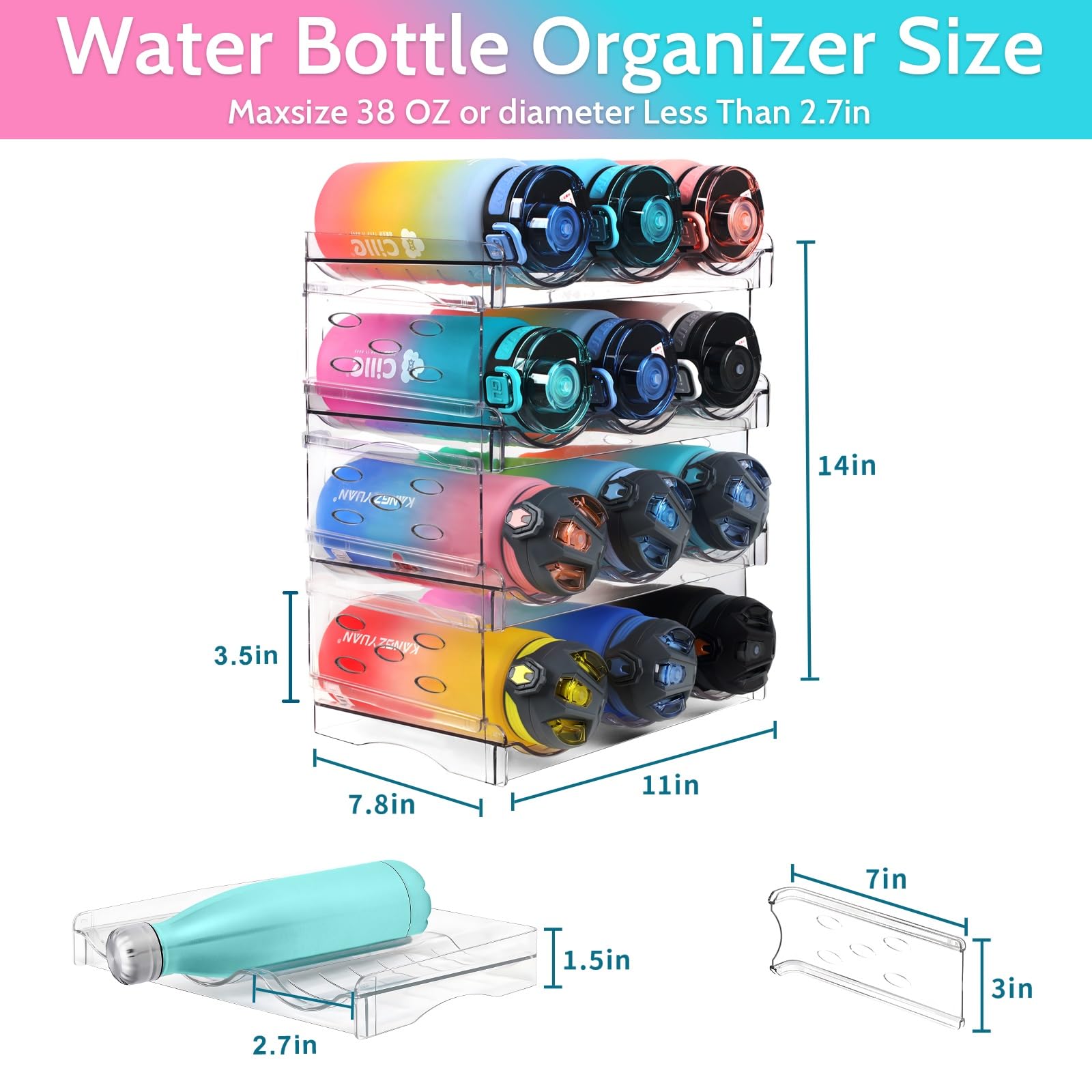 ALKNOT Water Bottle Organizer for Cabinet, 4 Pack Stackable Clear Plastic Water Bottle Holder,Wine Rack/Drink Bottle Storage Stand for Refrigerator, Kitchen, Freezer, Hold 12 Bottles