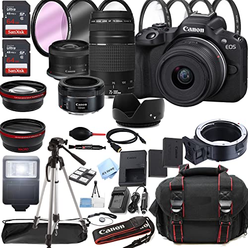 Canon EOS R50 Mirrorless Digital Camera with RF-S 18-45mm f/4.5-6.3 is STM Lens + 75-300mm F/4-5.6 III Lens + 50mm f/1.8 STM Lens + 128GB Memory + Case + Tripod + Filters (43pc Bundle)