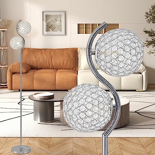 Crystal Floor Lamp, Elegant Standing Lamp, Modern Floor Lamp Chrome Finish Tall Pole Lamp, Modern Standing Lamp with On/Off Foot Switch for Living Room, Girl Bedroom, Dresser, Office, E26 Base