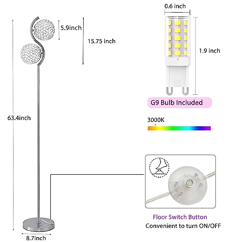 Crystal Floor Lamp, Elegant Standing Lamp, Modern Floor Lamp Chrome Finish Tall Pole Lamp, Modern Standing Lamp with On/Off Foot Switch for Living Room, Girl Bedroom, Dresser, Office, E26 Base