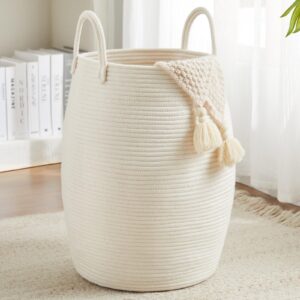 cotton rope laundry hamper basket, 65l woven large laundry basket, tall dirty clothes hamper for storage blankets, toys in bedroom, living room organizing-collapsible-beige