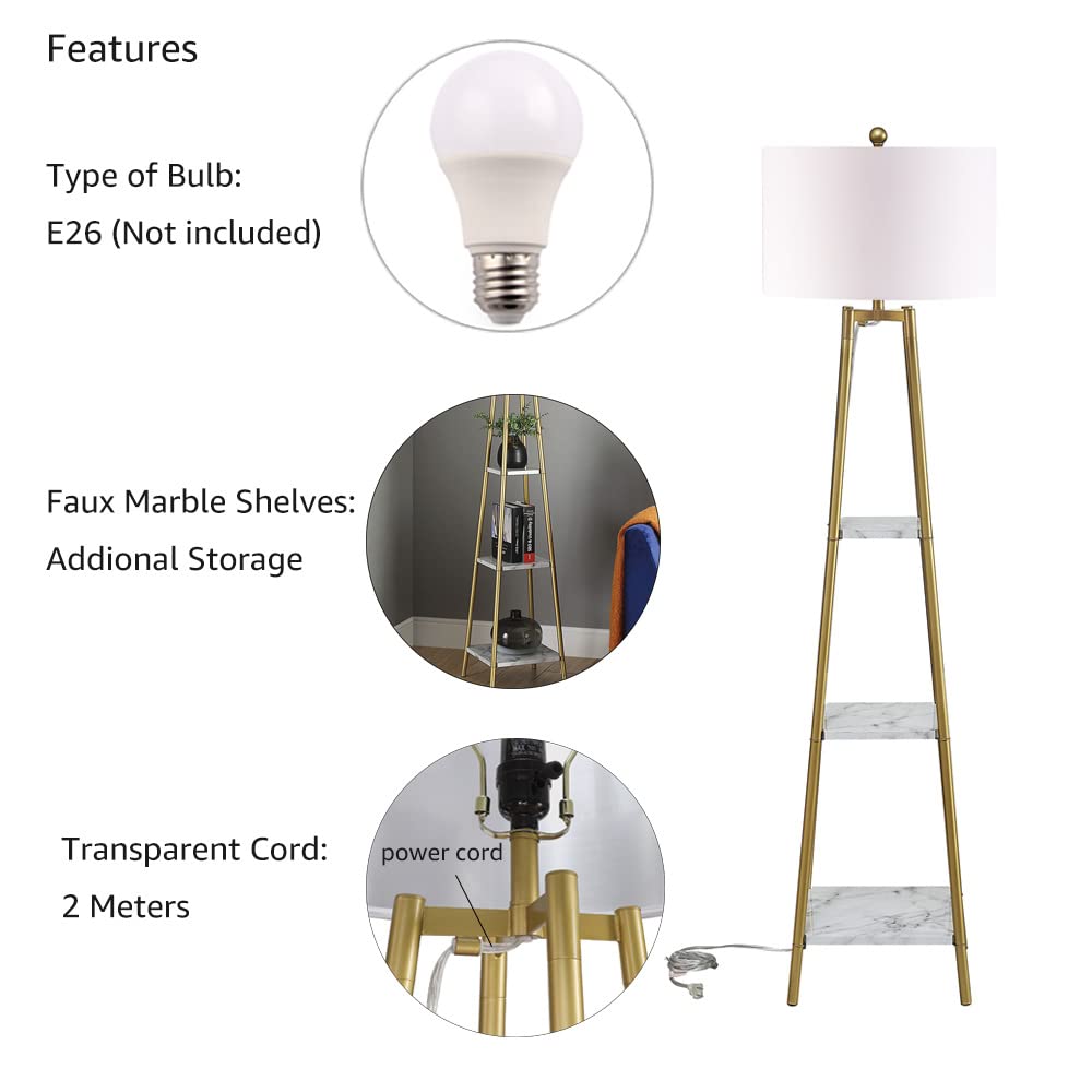 ROSEN GARDEN Floor Lamp, Standing Reading Light with Shelves and Gold Shade, Modern Tall Pole Lamp, Accent Furniture Décor Lighting for Living Room, Bedrooms (Gold, White Shade)