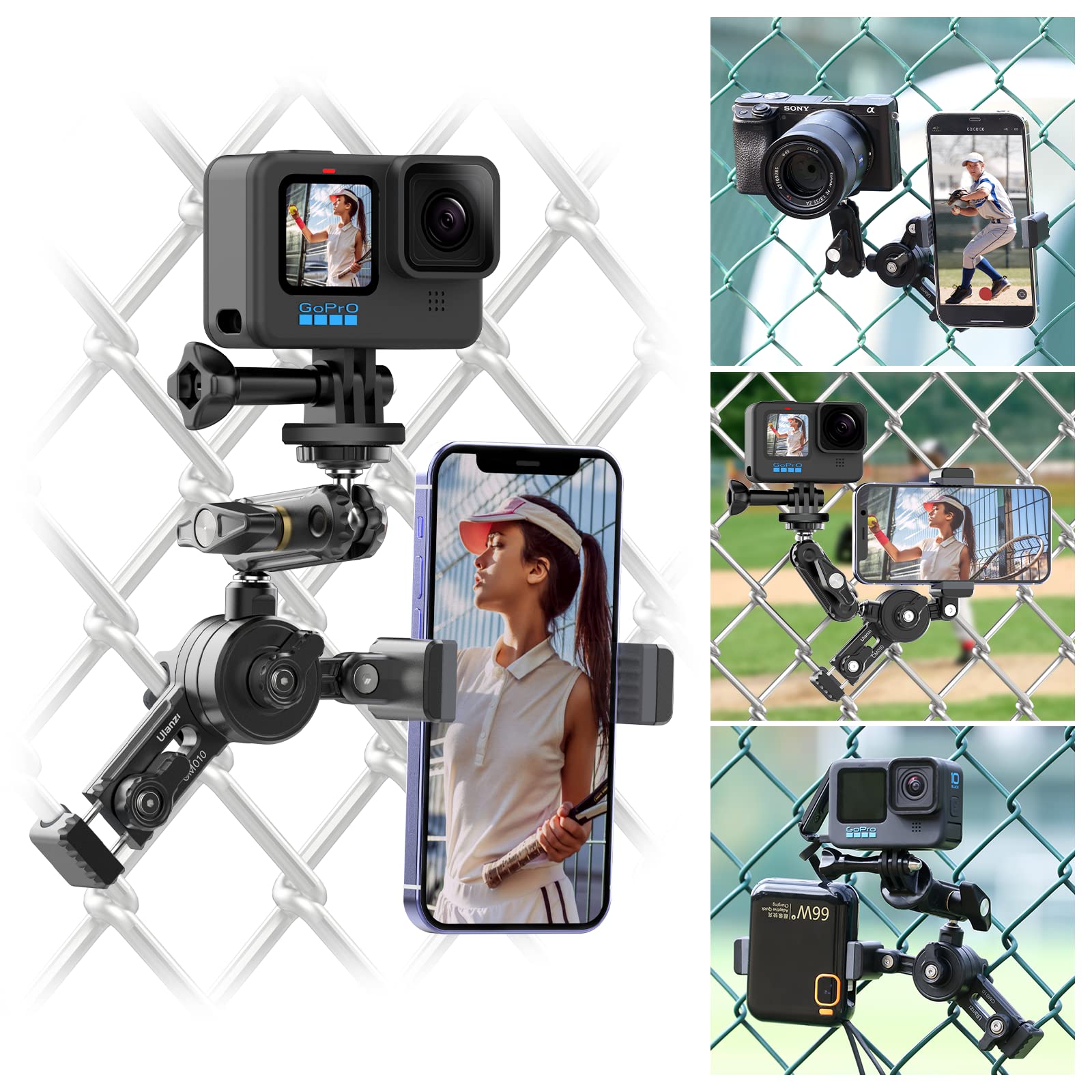 ULANZI CM010 Fence Mount for Mevo, GoPro, iPhone, Phone, AKASO, DJI Osmo Action, Insta360, Mevo Start for Baseball Softball Tennis Recording, Cameras Net Chain Link Fence Clip Mount Holder