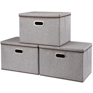seekind large foldable storage bins with lids [3-pack] fabric decorative storage box organizer container basket cube with handles for space saving storage,for clothes,blankets(grey-17.7x11.8x11.8)