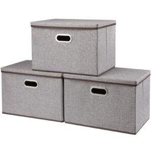 SEEKIND Large Foldable Storage Bins with Lids [3-Pack] Fabric Decorative Storage Box Organizer Container Basket Cube with Handles for Space Saving Storage,for Clothes,Blankets(Grey-17.7x11.8x11.8)