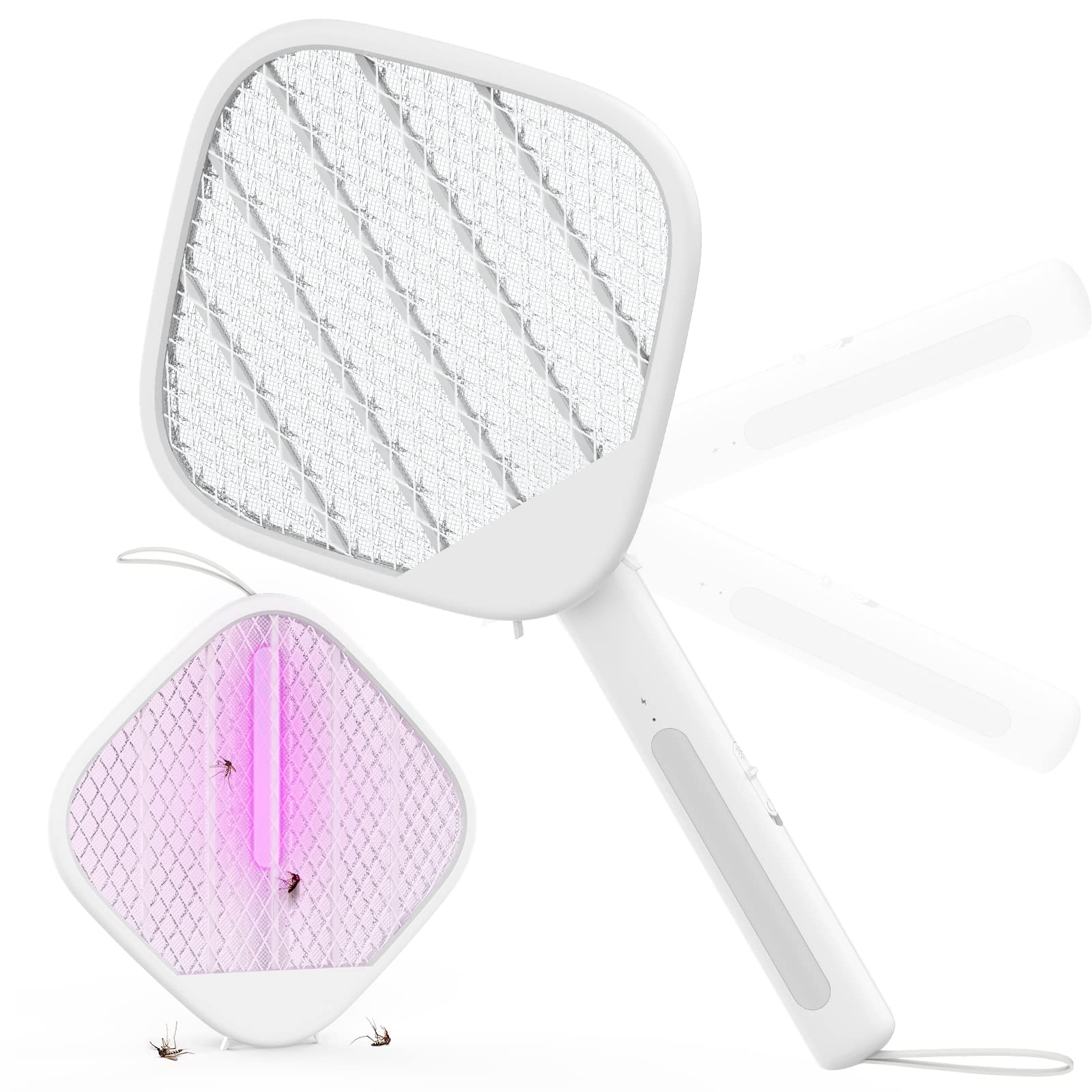 Electric Fly Swatter Foldable, Powerful 4000V Bug Zapper Racket, Mosquito Killer w/Purple Light, Rechargeable 1200mAh Insect Killer, 3-Layer Safe Design, Hanging Standing Portable for Indoor Outdoor