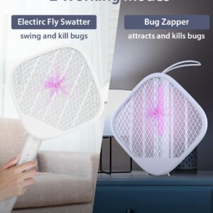 Electric Fly Swatter Foldable, Powerful 4000V Bug Zapper Racket, Mosquito Killer w/Purple Light, Rechargeable 1200mAh Insect Killer, 3-Layer Safe Design, Hanging Standing Portable for Indoor Outdoor