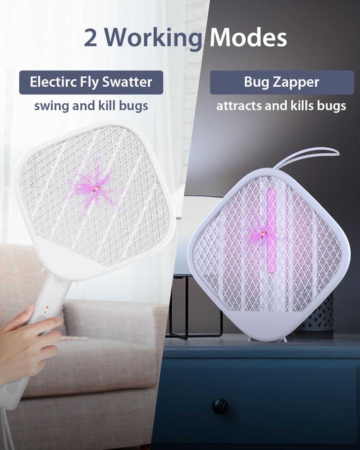 Electric Fly Swatter Foldable, Powerful 4000V Bug Zapper Racket, Mosquito Killer w/Purple Light, Rechargeable 1200mAh Insect Killer, 3-Layer Safe Design, Hanging Standing Portable for Indoor Outdoor