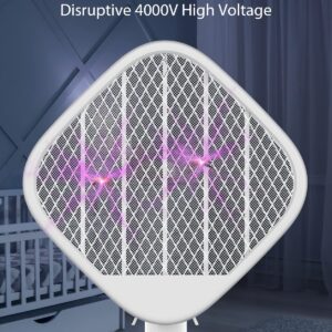 Electric Fly Swatter Foldable, Powerful 4000V Bug Zapper Racket, Mosquito Killer w/Purple Light, Rechargeable 1200mAh Insect Killer, 3-Layer Safe Design, Hanging Standing Portable for Indoor Outdoor