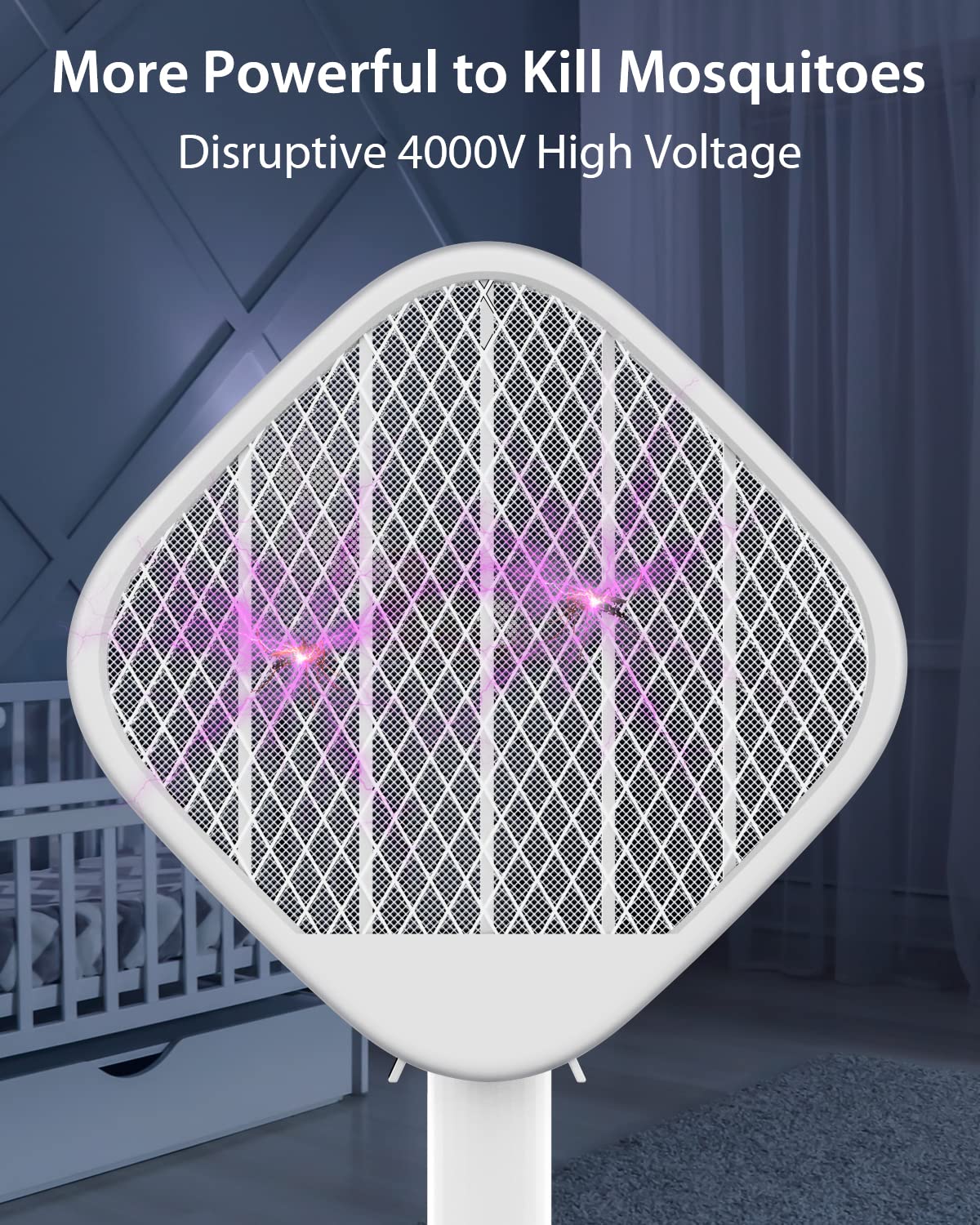 Electric Fly Swatter Foldable, Powerful 4000V Bug Zapper Racket, Mosquito Killer w/Purple Light, Rechargeable 1200mAh Insect Killer, 3-Layer Safe Design, Hanging Standing Portable for Indoor Outdoor