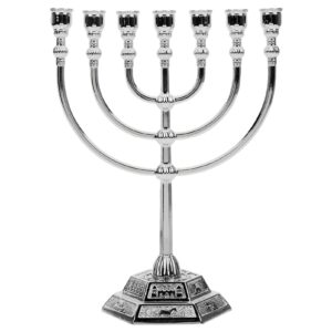 Milisten Traditional Jewish Menorah 7 Branch Candle Sticks Holder Jerusalem Temple Candle Holder 7 Branch Holy Land Table Centerpiece Home Decor 17cm Silver