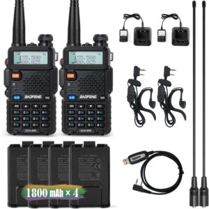 baofeng uv-5r radio 2pack(vhf & uhf), long range handheld ham radio with 4 rechargeable 1800mah battery, radio with earpiece and programming cable