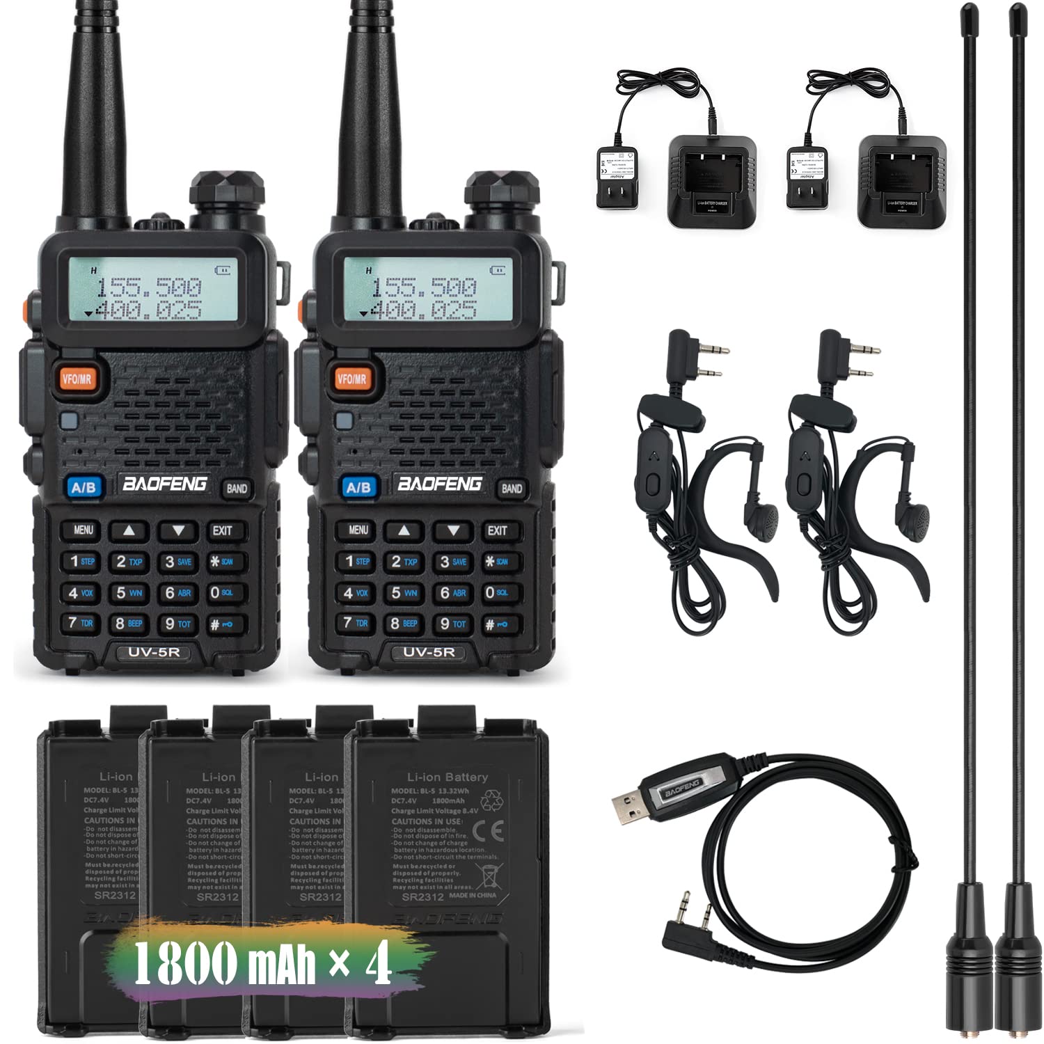 BAOFENG UV-5R Radio 2Pack(VHF & UHF), Long Range Handheld Ham Radio with 4 Rechargeable 1800mAh Battery, Radio with Earpiece and Programming Cable