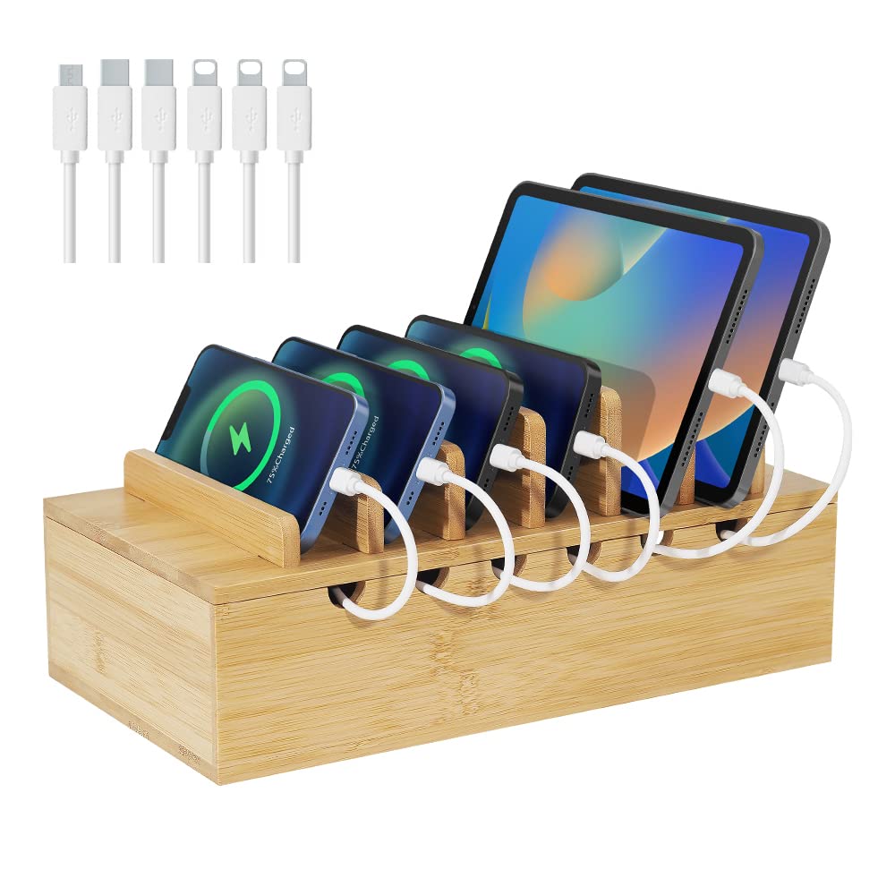 LEOKKARR Bamboo Charging Station for Multiple Devices, Upgrade Desk Docking Stations Organizer for Apple Devices, Wood Charging Cell Phone Holder Stand (Includes 6 Cables) (NO Power Supply)