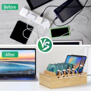 LEOKKARR Bamboo Charging Station for Multiple Devices, Upgrade Desk Docking Stations Organizer for Apple Devices, Wood Charging Cell Phone Holder Stand (Includes 6 Cables) (NO Power Supply)