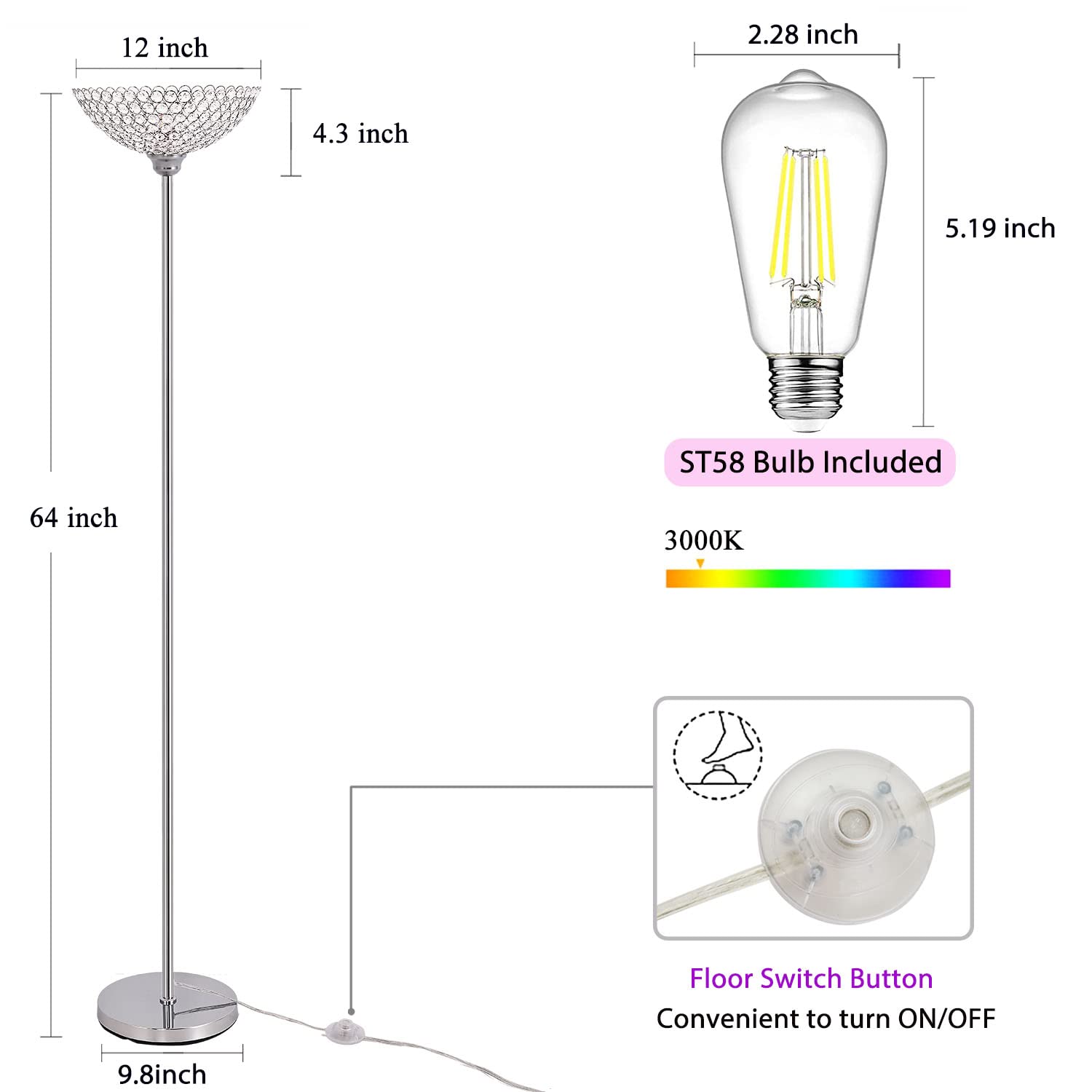 Trssdre Spherical Crystal Floor Lamp, 1-Light Modern Chrome Finish Floor Lamp, Crystal Floor Lamp Fixture for Living Room, Bedroom, Dining Room, Office, E26 Base, LED Bulb Included