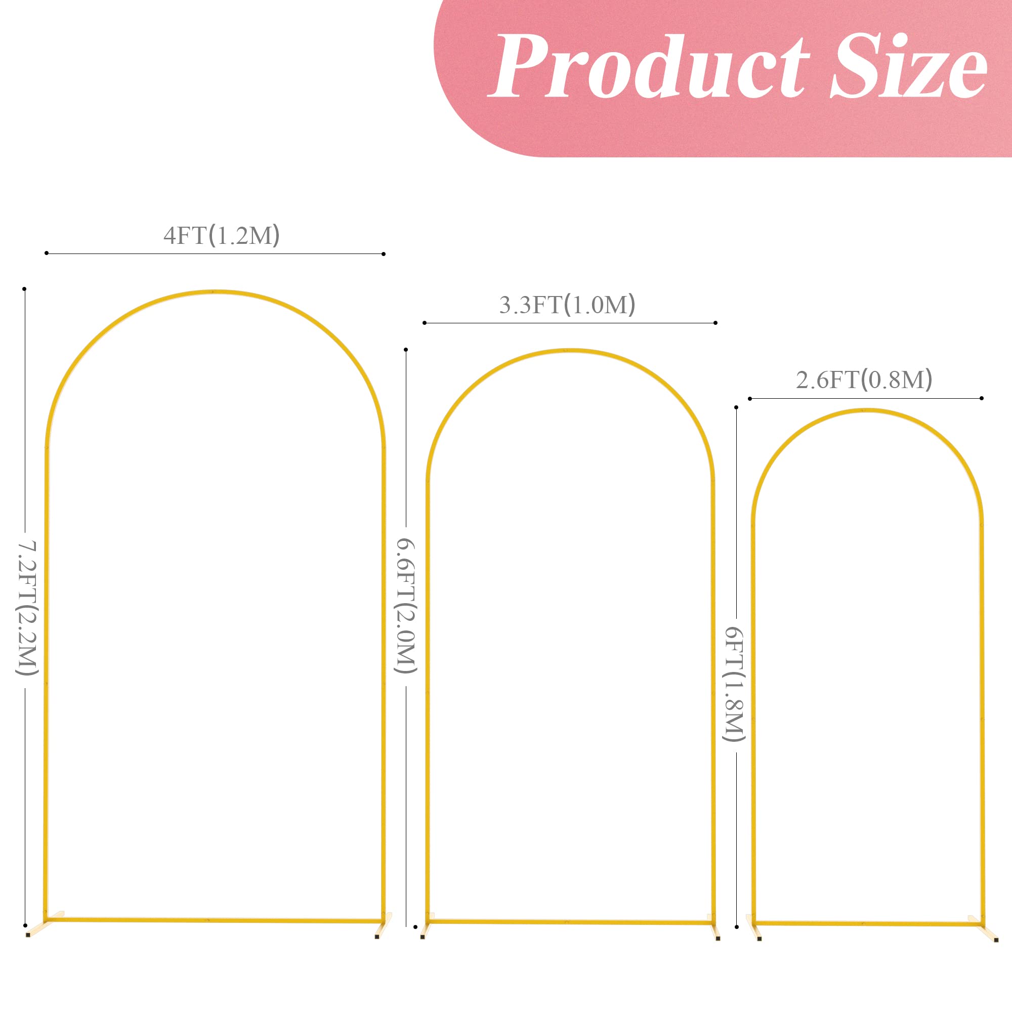 Fomcet Metal Arch Backdrop Stand Set of 3 Gold Wedding Arch Stand 7.2FT & 6.6FT & 6FT Arched Backdrop Frame for Birthday Party Baby Shower Graduation Ceremony Decoration