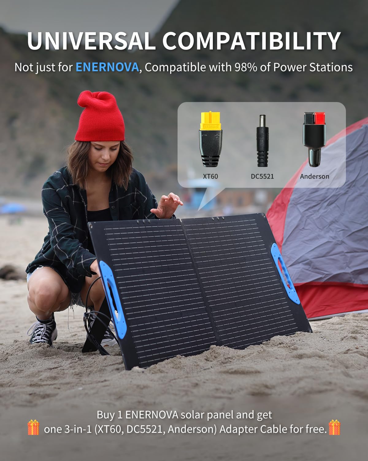 ENERNOVA 100W Portable Solar Panel for Solar Generator, IP68 Waterproof, Foldable Solar Charger with Female and Male Connectors, High-Efficiency Battery Charger for Outdoor Camping Van RV Trip