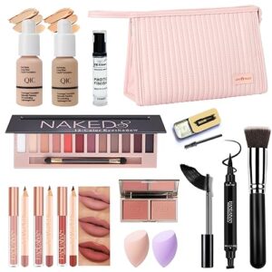 all in one makeup kit for women full kit, professional makeup kit with foundation 12 colors eyeshadow palette liquid lipstick eyebrow soap kit winged eyeliner stamp travel makeup set