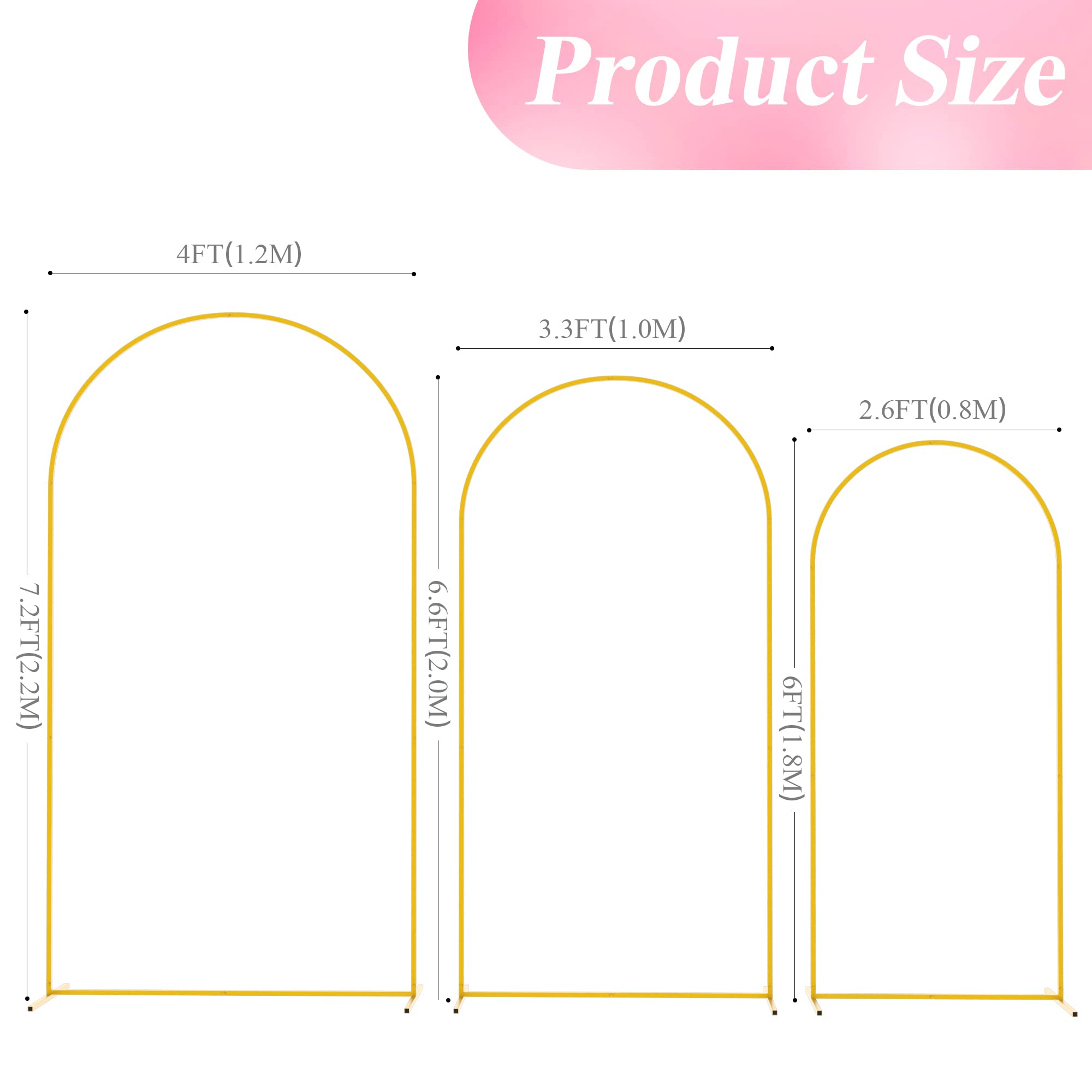 Wokceer Wedding Arch Backdrop Stand 7.2FT, 6.6FT, 6FT Set of 3 Gold Metal Arch Backdrop Stand for Wedding Ceremony Baby Shower Birthday Party Garden Floral Balloon Arch Decoration