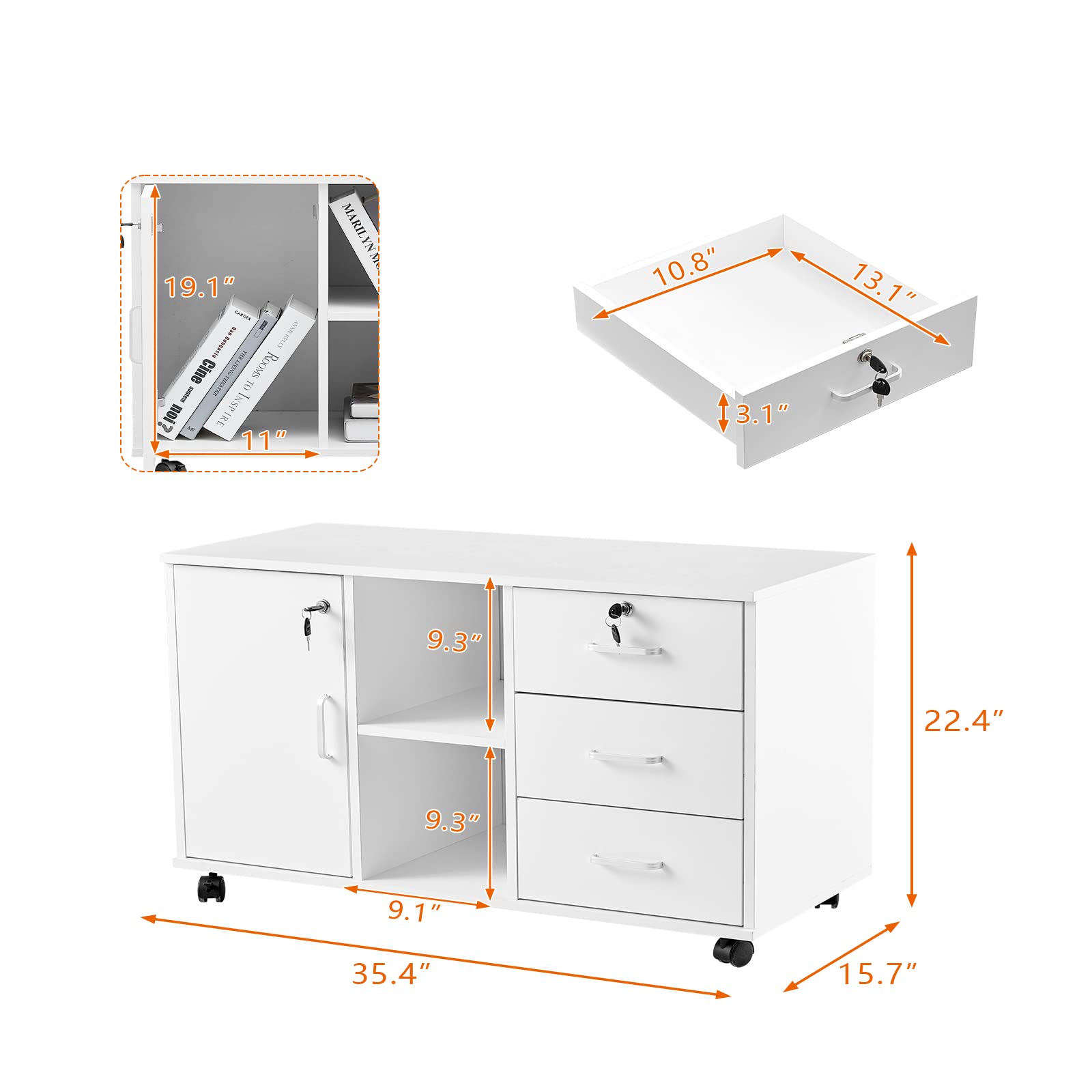 CLIPOP Mobile Office Cabinet w/ 3 Drawers(1 Lockable), Storage Cabinet, Open Storage Shelves, Under Desk Rolling Lateral File Cabinet with 5 Wheels Printer Stand Cabinet for Home Office (Black)