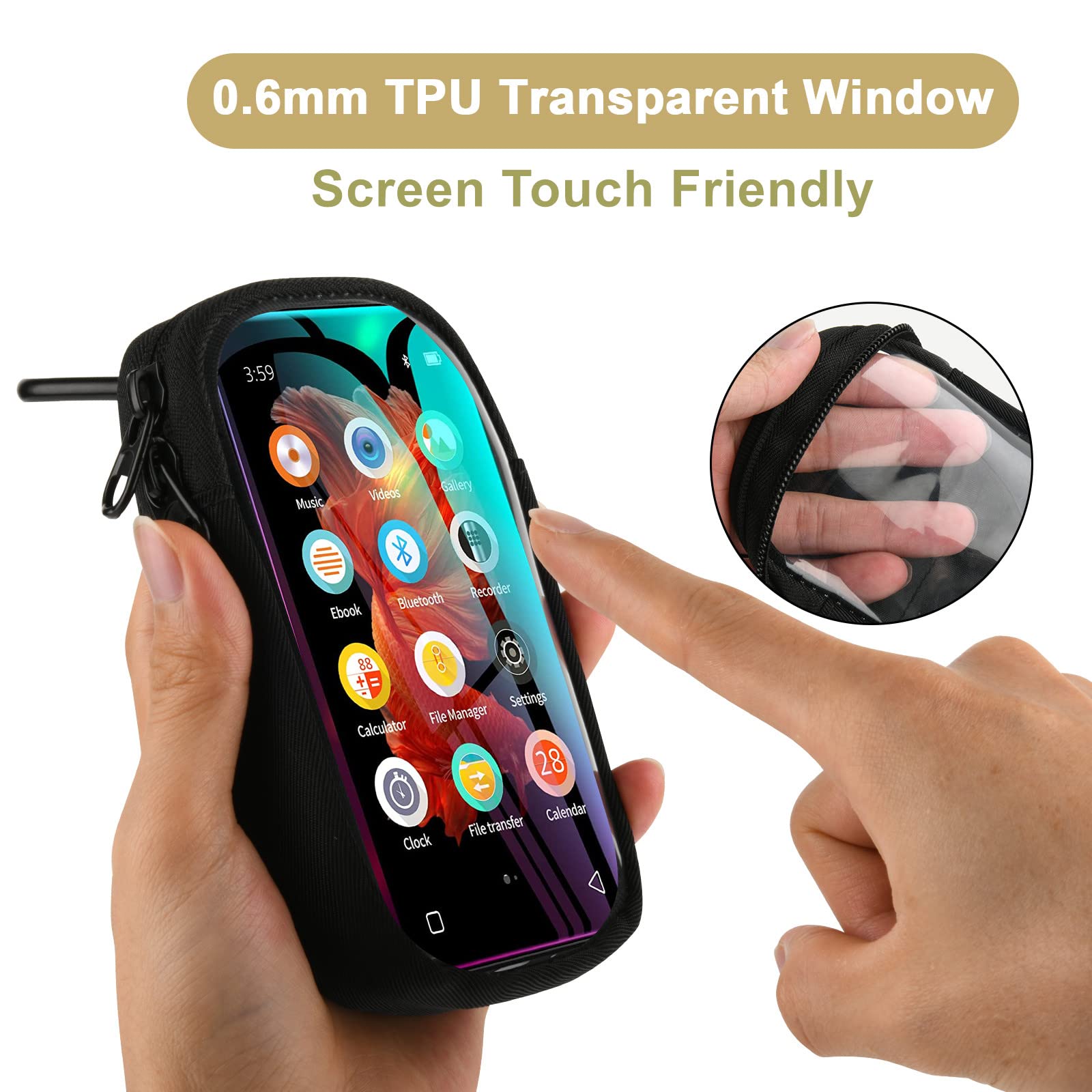 TXEsign MP3 & MP4 Player Carry Case Bag with Clear Window Travel Carrying Case for 4" Touch Screen MP3 MP4 Music Player Case Storage Bag with Inner Pocket for Earphones, USB Cable, Memory Card (Black)