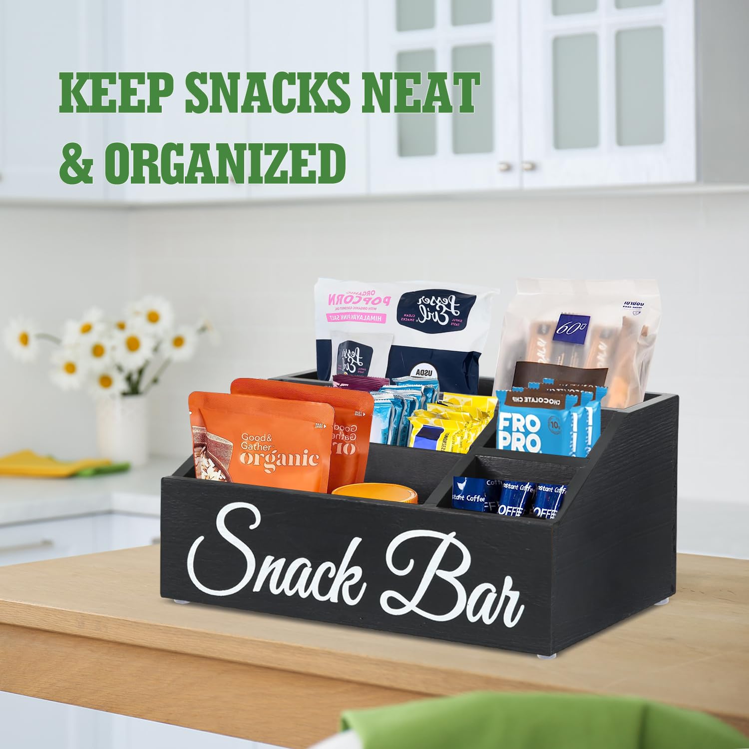 Snack Organizer for Countertop, Wooden Snack Tray and Food Storage Organizer Bins, Large 5-Compartment Snack Basket for Pantry, Kitchen Cabinet Pantry Organizer and Storage Bins for Snacks, Packets