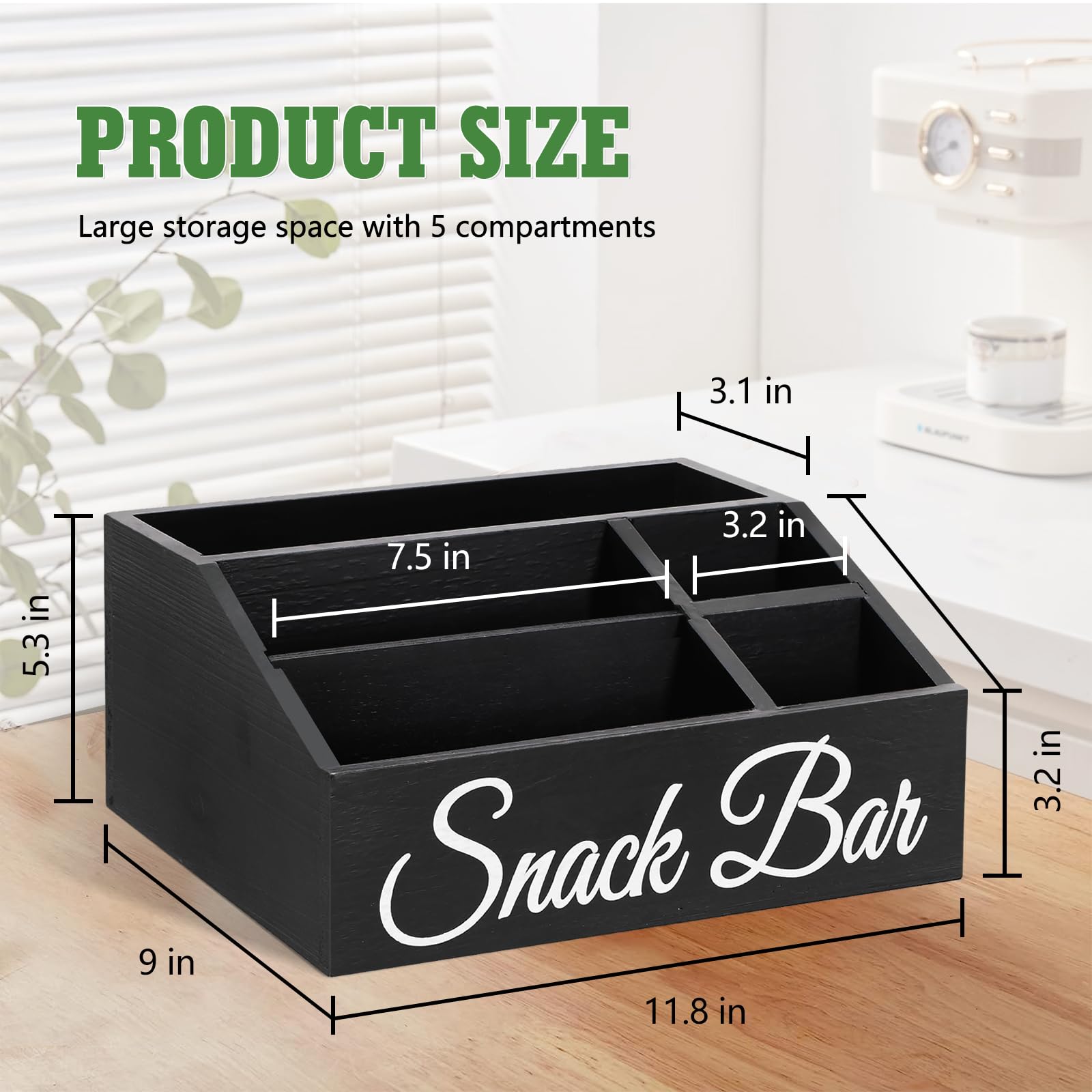 Snack Organizer for Countertop, Wooden Snack Tray and Food Storage Organizer Bins, Large 5-Compartment Snack Basket for Pantry, Kitchen Cabinet Pantry Organizer and Storage Bins for Snacks, Packets