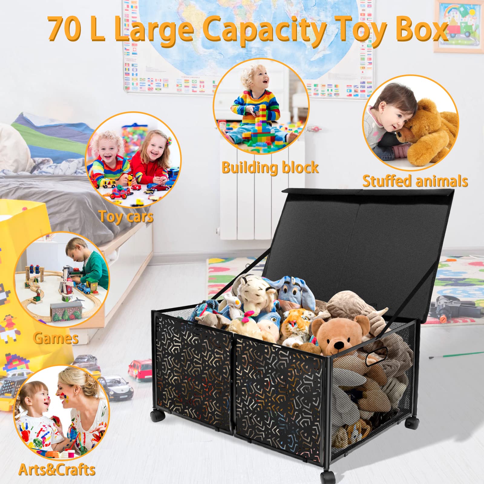 Aconfei Toy Chest with Lid, Large Toy Organizers and Storage Bins for Boys Girls, 70L Toy Storage Organizer with Wheels, Collapsible Metal Kids Toy Storage for Playroom, Living Room, Bedroom