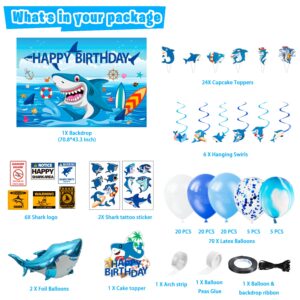 Shark Birthday Party Decorations, Shark Theme Party Supplies for Boys Girls Baby - Cake, and Cupcake Toppers, Balloons. Shark Sign, Sheet Temporary Tattoos, Backdrop