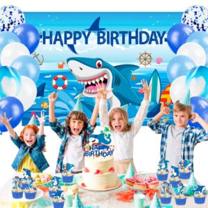 Shark Birthday Party Decorations, Shark Theme Party Supplies for Boys Girls Baby - Cake, and Cupcake Toppers, Balloons. Shark Sign, Sheet Temporary Tattoos, Backdrop