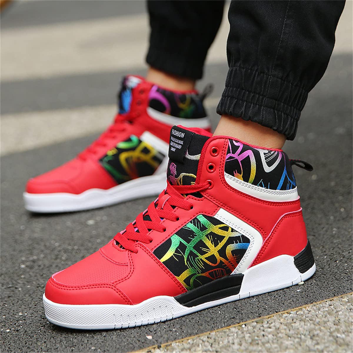 WSPOSUS Unisex Fashion High Top Basketball Sports Shoes Stylish Casual Skate Sneaker (Red, Adult, Men, Numeric_8, Numeric, us_Footwear_Size_System, Medium)