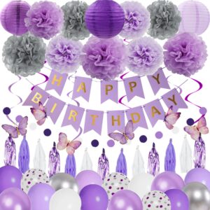 72pcs purple birthday party decorations for girls women, lavender purple and sliver butterfly party decorations supplies balloons happy birthday banner circle dots paper lanterns pom hanging swirls