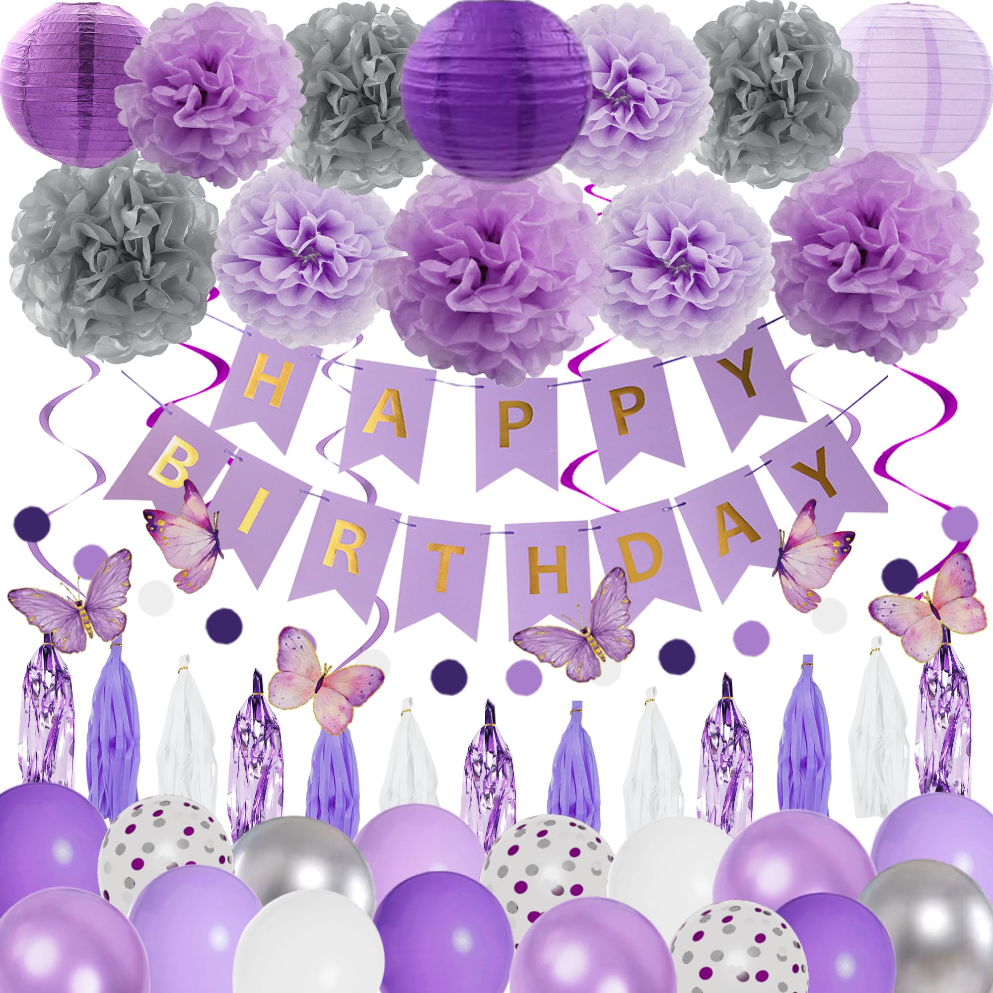 72Pcs Purple Birthday Party Decorations for Girls Women, Lavender Purple and Sliver Butterfly Party Decorations Supplies Balloons Happy Birthday Banner Circle Dots Paper Lanterns Pom Hanging Swirls