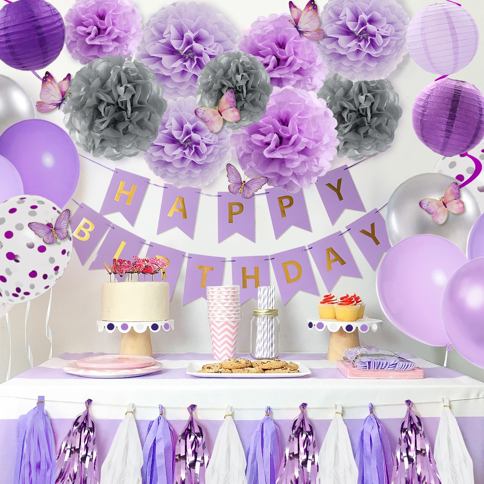 72Pcs Purple Birthday Party Decorations for Girls Women, Lavender Purple and Sliver Butterfly Party Decorations Supplies Balloons Happy Birthday Banner Circle Dots Paper Lanterns Pom Hanging Swirls