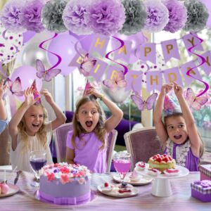 72Pcs Purple Birthday Party Decorations for Girls Women, Lavender Purple and Sliver Butterfly Party Decorations Supplies Balloons Happy Birthday Banner Circle Dots Paper Lanterns Pom Hanging Swirls