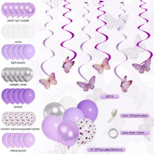 72Pcs Purple Birthday Party Decorations for Girls Women, Lavender Purple and Sliver Butterfly Party Decorations Supplies Balloons Happy Birthday Banner Circle Dots Paper Lanterns Pom Hanging Swirls