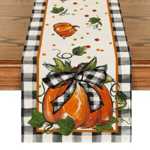 artoid mode pumpkin bow buffalo plaid fall table runner,seasonal autumn kitchen dining table decoration for home party decor 13x72 inch