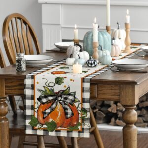 Artoid Mode Pumpkin Bow Buffalo Plaid Fall Table Runner,Seasonal Autumn Kitchen Dining Table Decoration for Home Party Decor 13x72 Inch