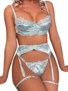 soly hux womens sexy lingeries exotic garter belt set floral lace bra and panty 4 pieces solid blue s
