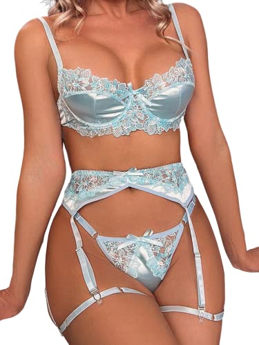 SOLY HUX Womens Sexy Lingeries Exotic Garter Belt Set Floral Lace Bra and Panty 4 Pieces Solid Blue S