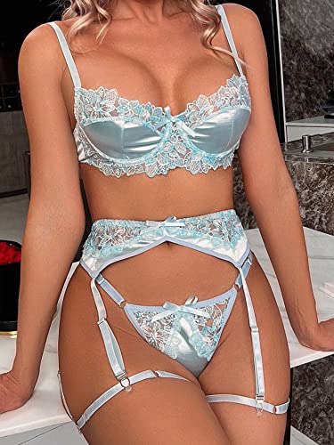 SOLY HUX Womens Sexy Lingeries Exotic Garter Belt Set Floral Lace Bra and Panty 4 Pieces Solid Blue S