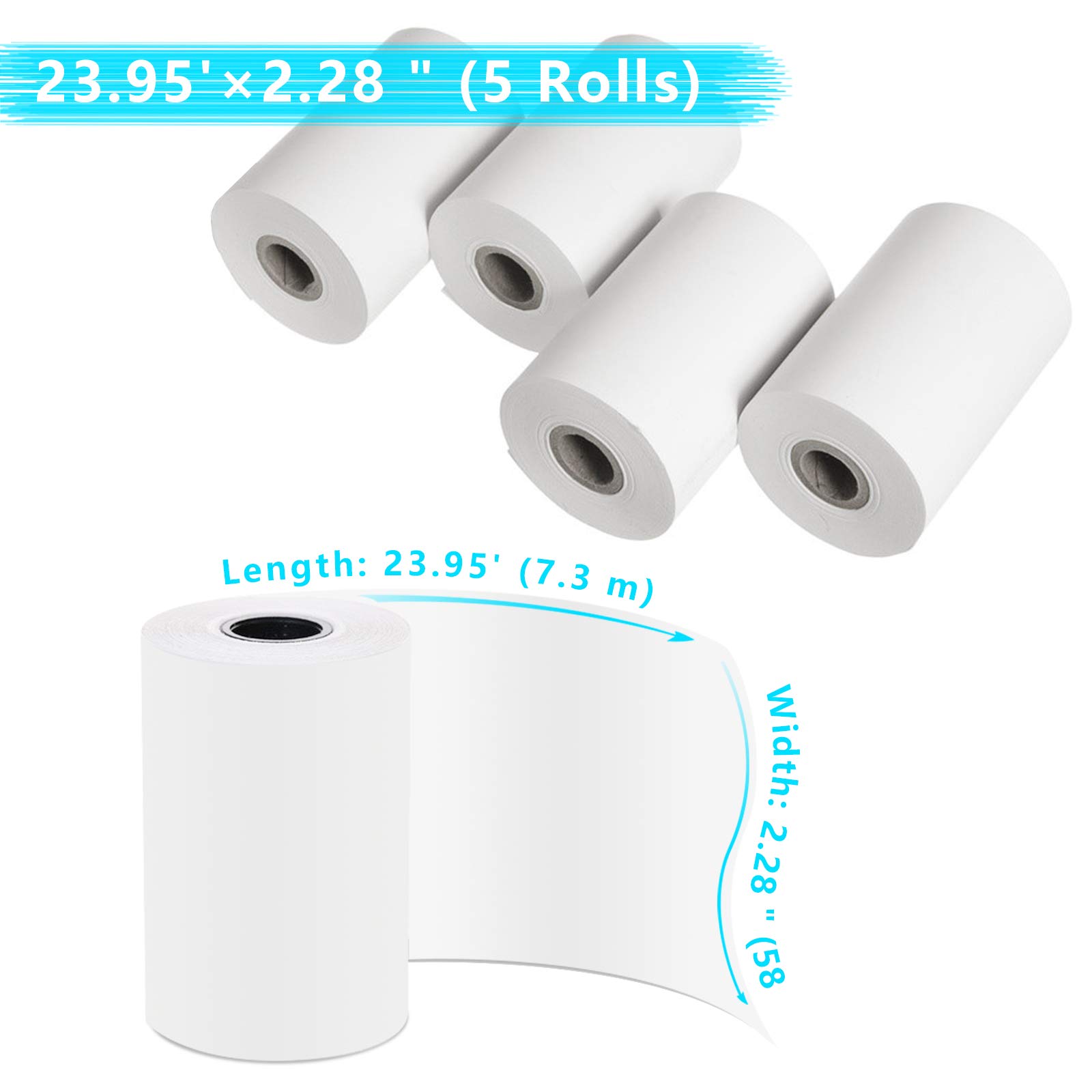 USHINING Print Paper for Kids Instant Print Camera 5 Rolls for instant kids camera, White (Length: 23.95 Feet/Width: 2.28 Inches)