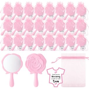 24 sets baby shower party favors 24 pcs pink rose design handheld mirrors thank you gift cards and organza bags for guest gifts girls baby shower gender reveal party supplies