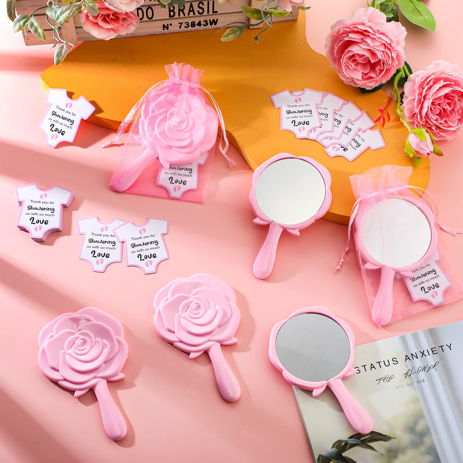 24 Sets Baby Shower Party Favors 24 Pcs Pink Rose Design Handheld Mirrors Thank You Gift Cards and Organza Bags for Guest Gifts Girls Baby Shower Gender Reveal Party Supplies