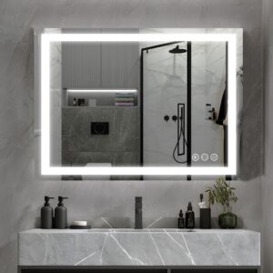 butylux 32x24 inch led bathroom mirror with adjustable, stepless dimmable, anti-fog, wall mounted lighted bathroom mirror with smart touch button, memory function, 3000k-6000k (horizontal/vertical)