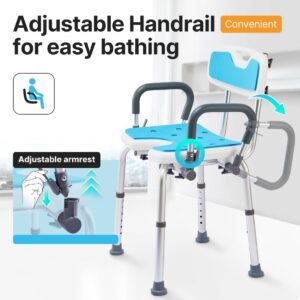 HEAO Shower Chair for Elderly Heavy Duty 400lbs, Cut Out Shower Seat with Drop Arms and Detachable Backrest, Handicap Bath Bench (4 Small Rubber Feet & 4 Big Suction Cups Replacement)