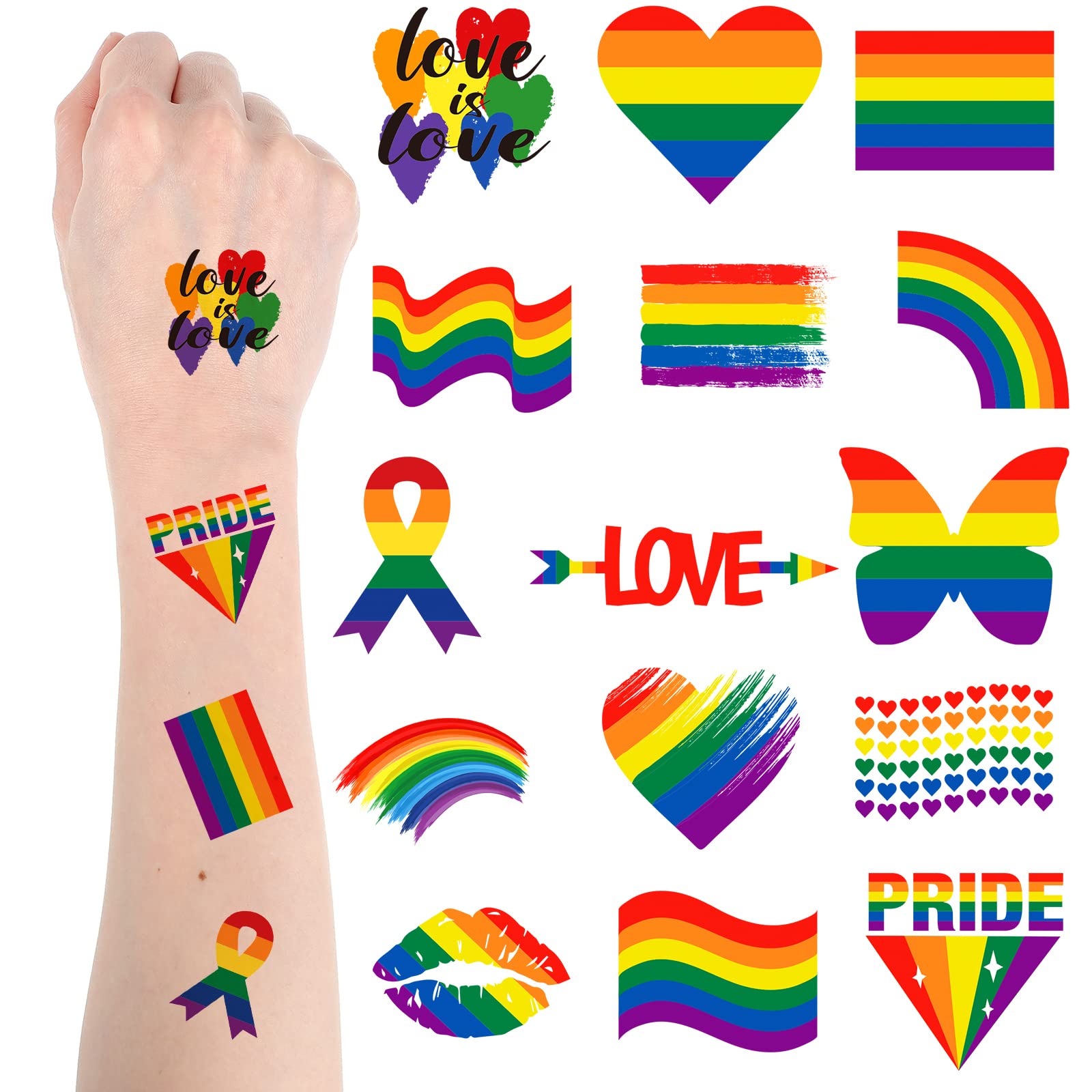 Loopeer 600 Pcs Pride Temporary Tattoos Rainbow Temporary Tattoos Butterfly Heart LGBT Accessories Gay Pride Tattoos Bulk Accessories Waterproof Body Stickers for Boys Girls Women Men Festivals